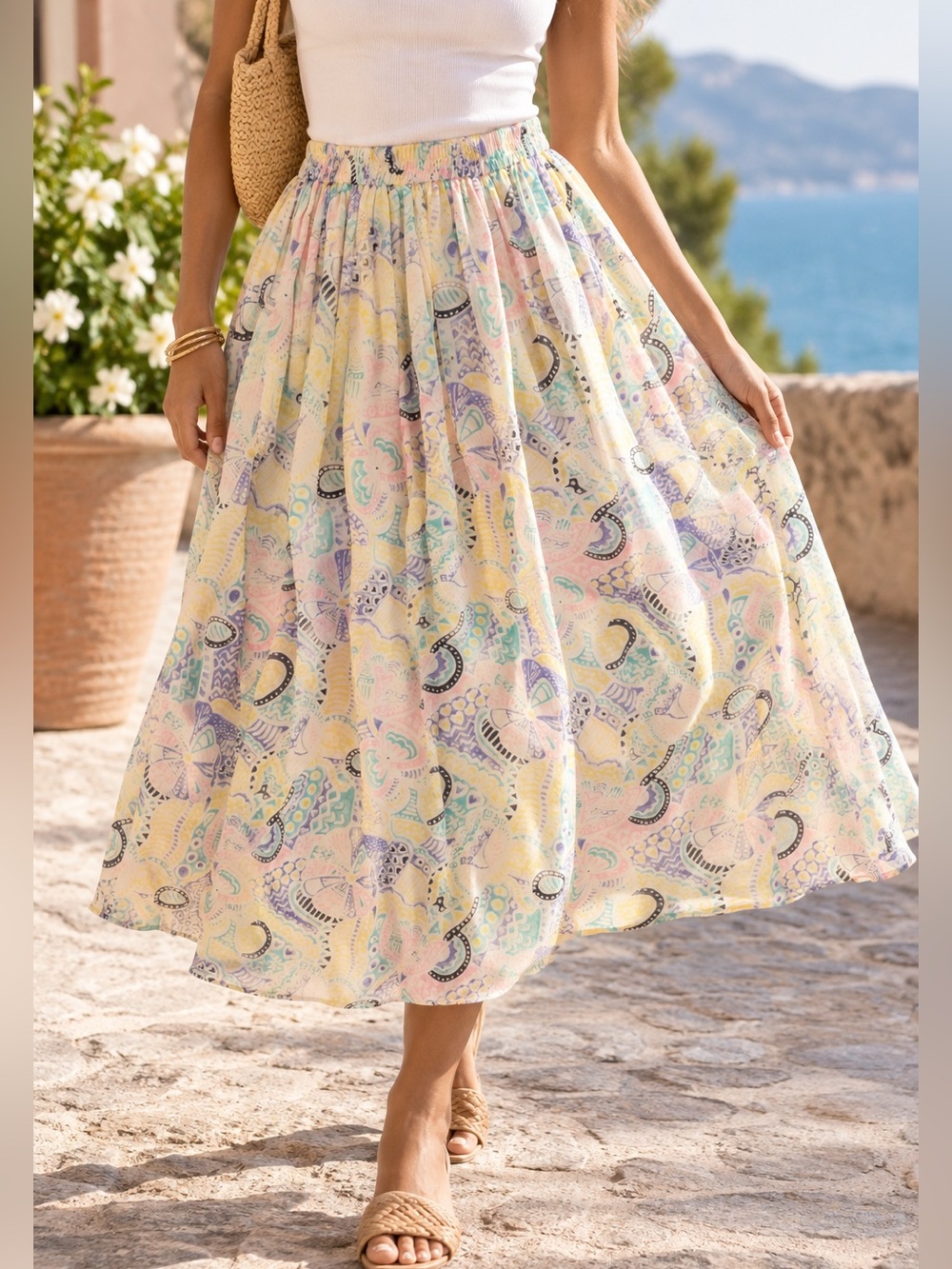 Go Silk Vintage Size 2 100% Silk Pastel Abstract Print Midi Skirt Elastic Waist - Picture 1 of 6